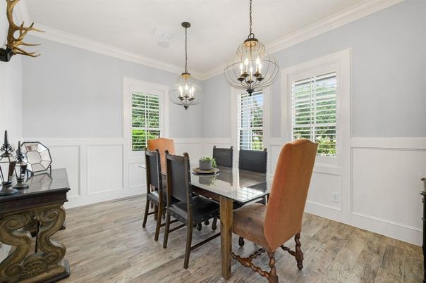 Dining room, Interior, Pendant Lights, Wood Texture Flooring