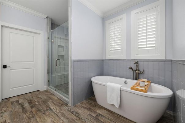 Bathroom, Free Standing Baths, Glass Shower, Interior, Wood Texture Flooring