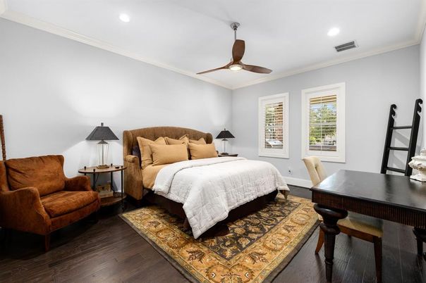 Bedroom, Interior, Recessed Lighting, Wood Texture Flooring