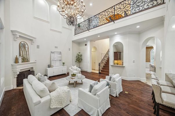 Chandelier, Fireplace, Interior, Living room, Recessed Lighting, Wood Texture Flooring