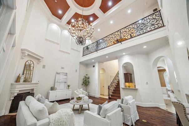 Chandelier, Fireplace, Interior, Living room, Recessed Lighting, Wood Texture Flooring