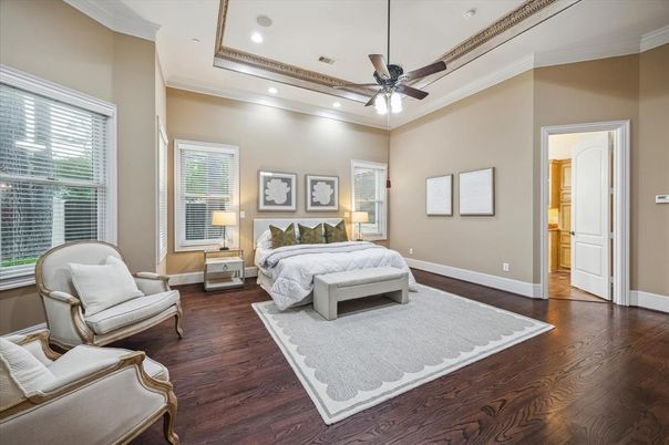 Bedroom, Interior, Recessed Lighting, Wood Texture Flooring