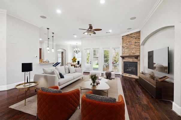 Fireplace, Interior, Living room, Pendant Lights, Recessed Lighting, Stone Walls, Wood Texture Flooring