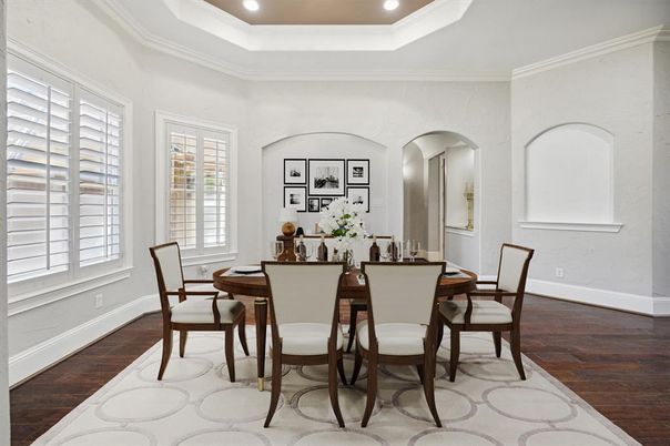 Dining room, Interior, Recessed Lighting, Wood Texture Flooring
