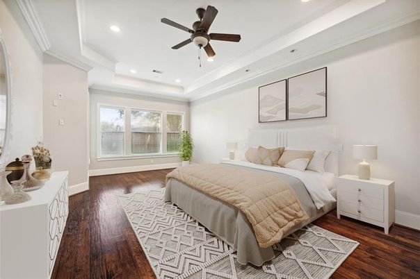Bedroom, Interior, Recessed Lighting, Wood Texture Flooring