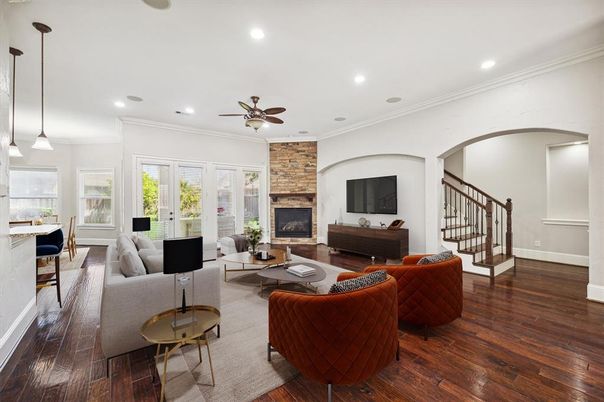 Fireplace, Interior, Living room, Pendant Lights, Recessed Lighting, Stone Walls, Wood Texture Flooring