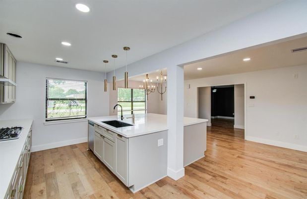 Chandelier, Interior, Kitchen, Pendant Lights, Recessed Lighting, Wood Texture Flooring