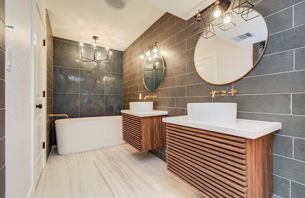 Bathroom, Dual Sink Vanities, Free Standing Baths, Interior, Marble, Pendant Lights