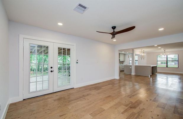 Chandelier, Empty room, Interior, Kitchen, Pendant Lights, Recessed Lighting, Wood Texture Flooring