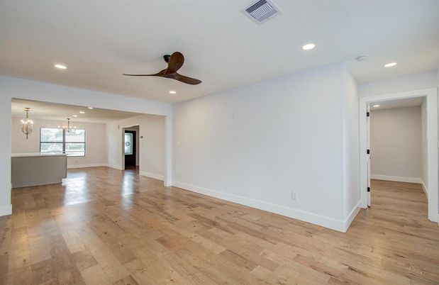 Chandelier, Empty room, Interior, Recessed Lighting, Wood Texture Flooring
