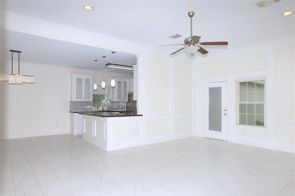 Empty room, Interior, Kitchen, Marble, Pendant Lights, Recessed Lighting