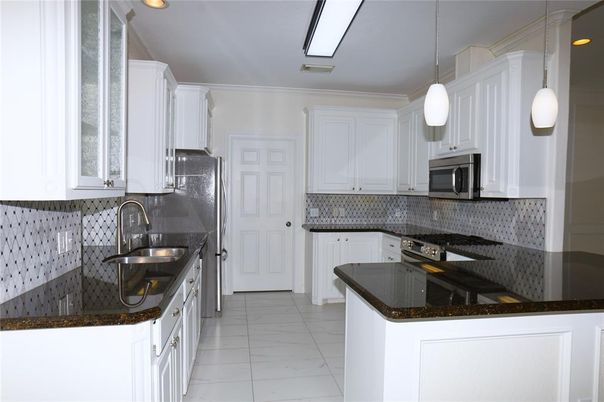 Interior, Kitchen, Marble, Pendant Lights, Recessed Lighting, Stainless Steel Appliances