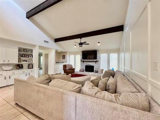 Fireplace, Interior, Living room, Recessed Lighting, Wooden Beams