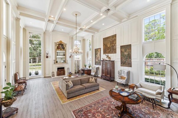 Chandelier, Fireplace, Interior, Living room, Recessed Lighting, Wood Texture Flooring