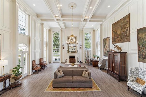 Chandelier, Fireplace, Interior, Living room, Recessed Lighting, Wood Texture Flooring