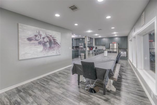 Dining room, Interior, Kitchen, Recessed Lighting, Wood Texture Flooring