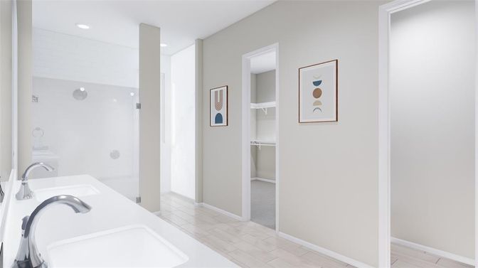 Bathroom, Interior, Recessed Lighting, Wood Texture Flooring