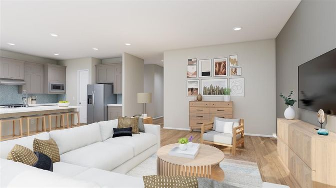 Interior, Kitchen, Living room, Recessed Lighting, Stainless Steel Appliances, Wood Texture Flooring