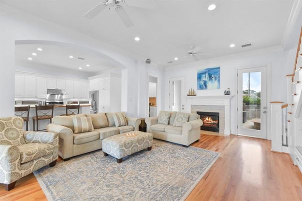 Fireplace, Interior, Kitchen, Living room, Recessed Lighting, Stainless Steel Appliances, Wood Texture Flooring