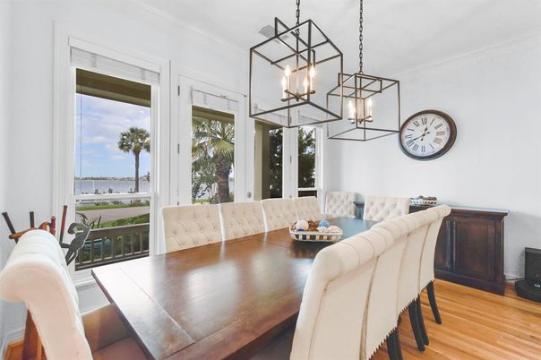 Dining room, Interior, Pendant Lights, Water, Wood Texture Flooring