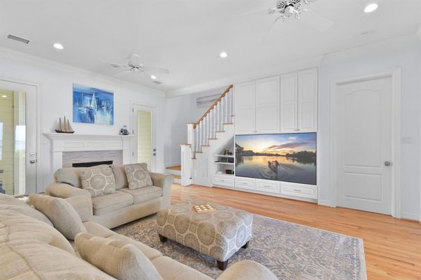 Fireplace, Interior, Living room, Recessed Lighting, Wood Texture Flooring