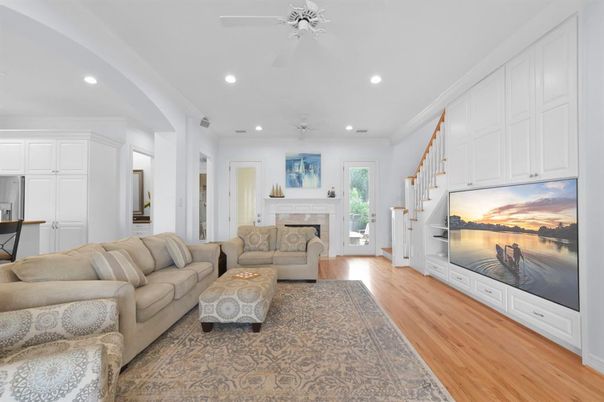 Fireplace, Interior, Living room, Recessed Lighting, Wood Texture Flooring