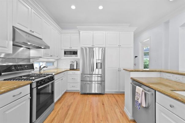 Interior, Kitchen, Recessed Lighting, Stainless Steel Appliances, Wood Texture Flooring