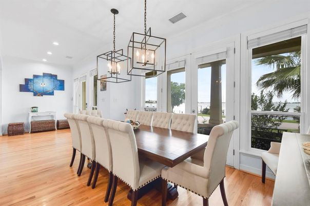Dining room, Interior, Pendant Lights, Recessed Lighting, Wood Texture Flooring