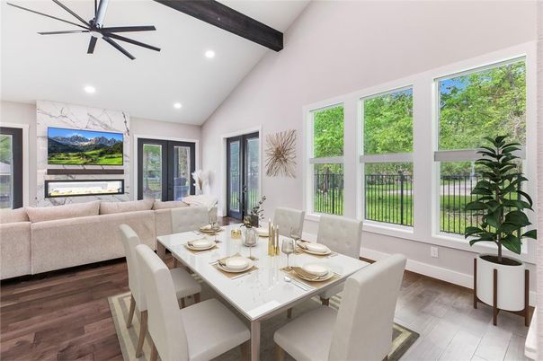 Dining room, Fireplace, Interior, Living room, Recessed Lighting, Wooden Beams, Wood Texture Flooring