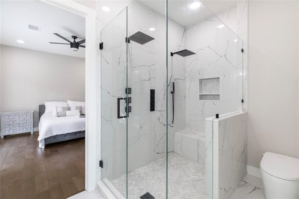 Bathroom, Bedroom, Glass Shower, Interior, Marble, Marble Walls, Recessed Lighting, Wood Texture Flooring