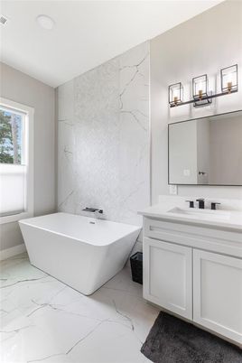 Bathroom, Dual Sink Vanities, Free Standing Baths, Interior, Marble, Marble Walls