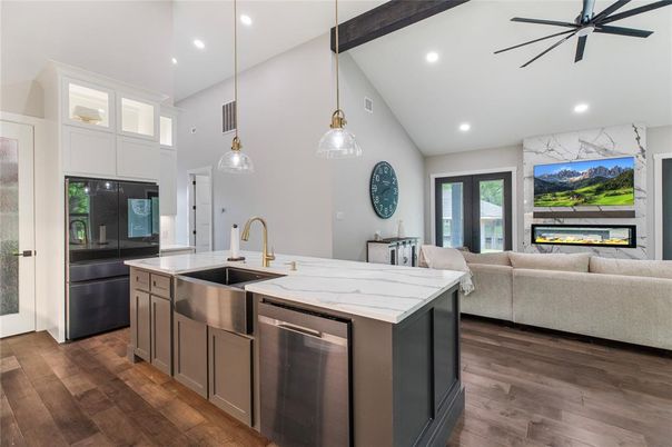 Fireplace, Interior, Kitchen, Living room, Pendant Lights, Recessed Lighting, Wooden Beams, Wood Texture Flooring