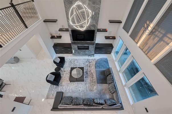 Fireplace, Interior, Living room, Marble, Pendant Lights