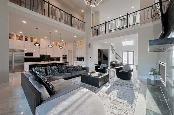 Interior, Kitchen, Living room, Marble, Pendant Lights, Recessed Lighting, Stainless Steel Appliances