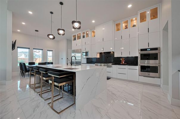 Interior, Kitchen, Marble, Pendant Lights, Recessed Lighting, Stainless Steel Appliances