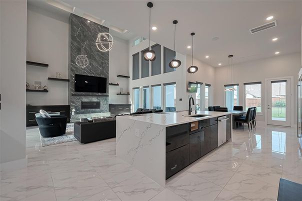 Dining room, Fireplace, Interior, Kitchen, Living room, Marble, Pendant Lights, Recessed Lighting