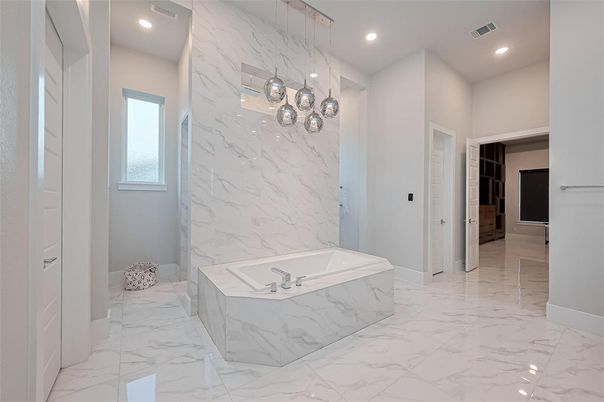 Bathroom, Interior, Marble, Marble Walls, Pendant Lights, Recessed Lighting
