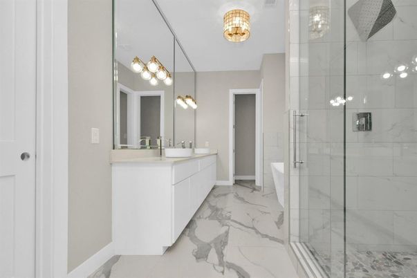 Bathroom, Dual Sink Vanities, Glass Shower, Interior, Marble, Marble Walls