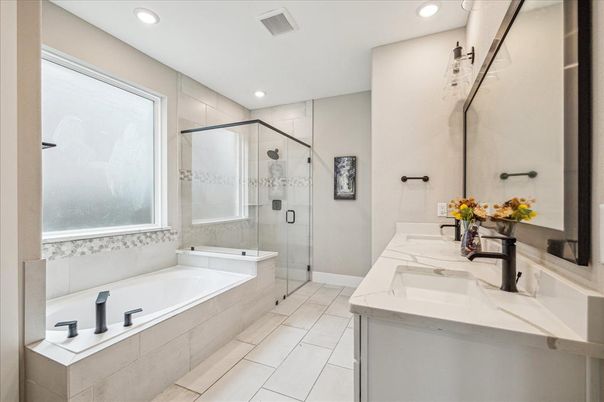Bathroom, Dual Sink Vanities, Glass Shower, Interior, Recessed Lighting