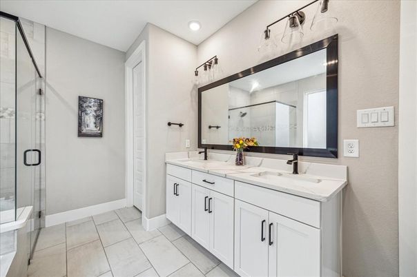 Bathroom, Dual Sink Vanities, Glass Shower, Interior, Recessed Lighting