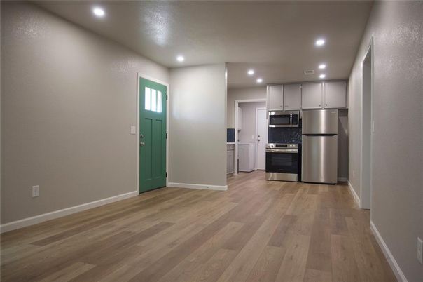 Interior, Kitchen, Recessed Lighting, Stainless Steel Appliances, Wood Texture Flooring