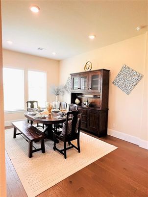 Dining room, Interior, Recessed Lighting, Wood Texture Flooring