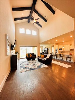 Interior, Kitchen, Living room, Pendant Lights, Recessed Lighting, Wooden Beams, Wood Texture Flooring