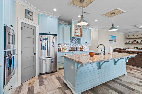 Interior, Kitchen, Pendant Lights, Recessed Lighting, Stainless Steel Appliances, Wood Texture Flooring