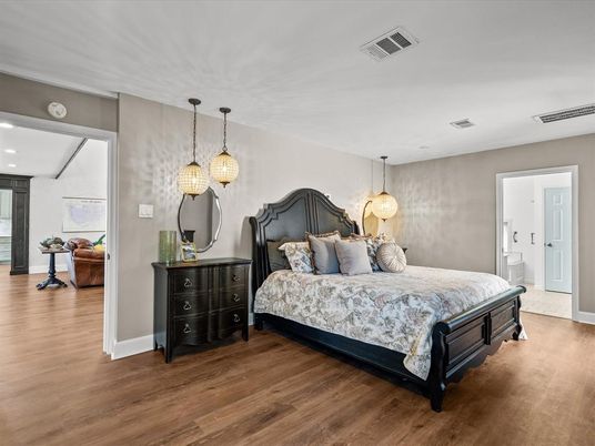 Bedroom, Interior, Pendant Lights, Recessed Lighting, Wood Texture Flooring
