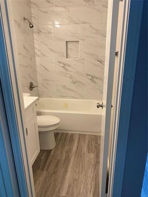 Bathroom, Interior, Marble Walls, Wood Texture Flooring