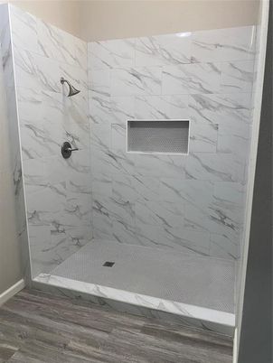 Bathroom, Interior, Marble Walls, Wood Texture Flooring