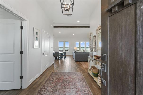 Dining room, Interior, Living room, Pendant Lights, Recessed Lighting, Wood Texture Flooring