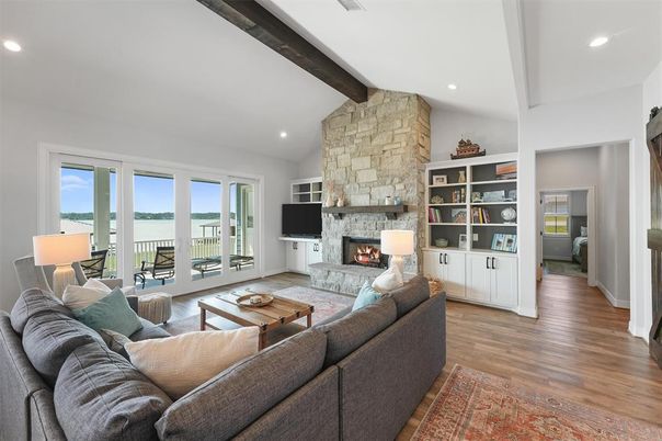 Fireplace, Interior, Living room, Recessed Lighting, Stone Walls, Wooden Beams, Wood Texture Flooring