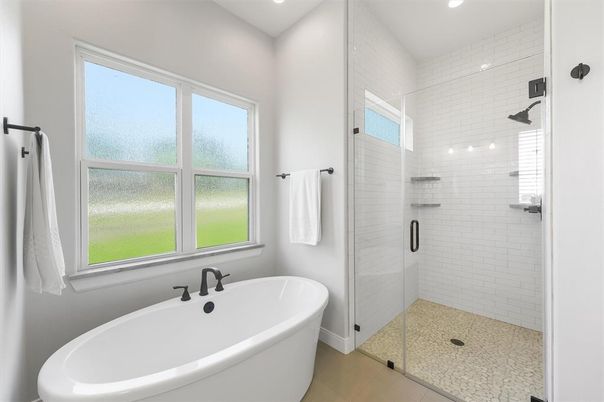 Bathroom, Free Standing Baths, Glass Shower, Interior, Recessed Lighting